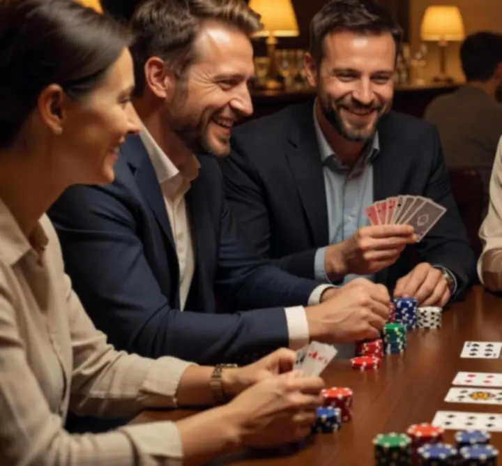 Skupina hostů si užívá hru u pokerového stolu