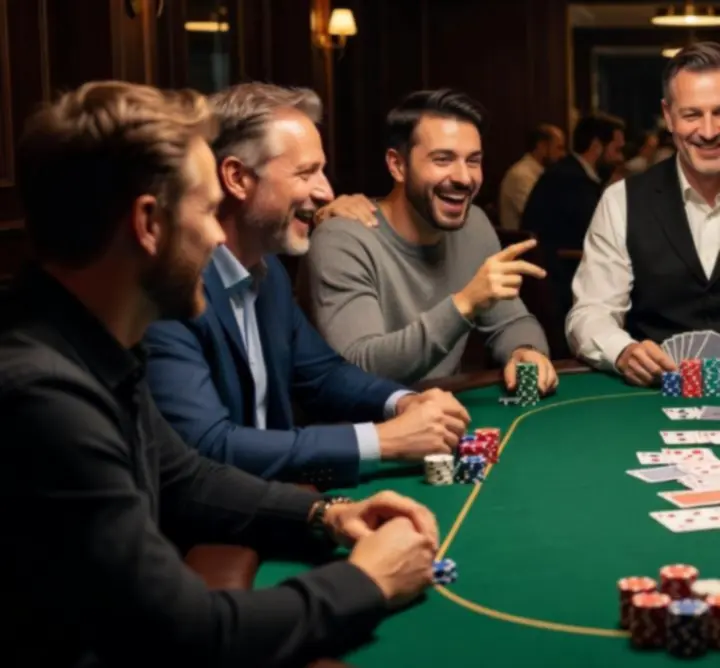 Skupina účastníků hrajících offline poker při společenské akci
